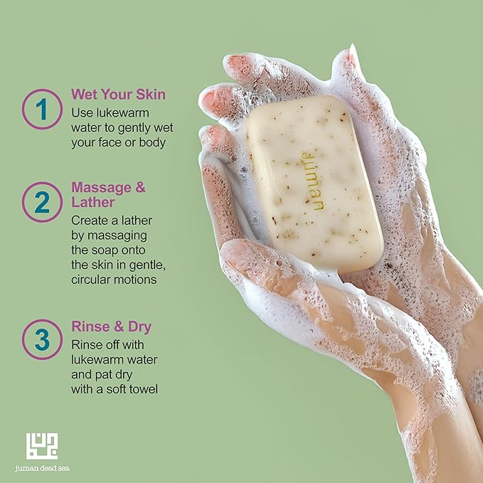 JUMAN Dead Sea Minerals Exfoliating Bar Soap | SLS & Paraben Free | Infused with Plant Extracts | Vitamin E | Removes Dirt and Oil | Daily Use Bar | 4oz (Pack of 4)