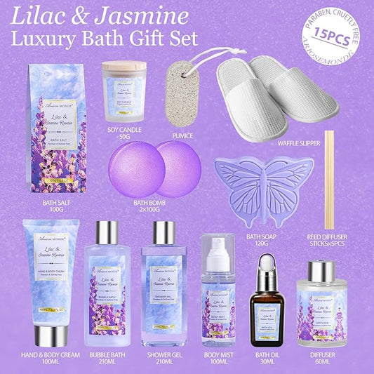 Gift baskets for women, 15Pcs Lilac Women Bath Gift Baskets w/Body Mist, Diffuser, Bath Bomb. Unique Relaxing Spa Gift Basket Set, Mothers Day Gifts for Mom Wife Grandma Daughter Friends Sister