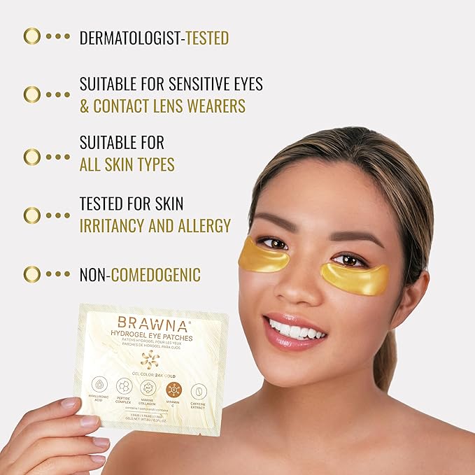 BRAWNA Under Eye Patches โ Hydrogel Masks with Vitamin C, Caffeine & Collagen โ For Dark Circles, Puffy Eyes, Wrinkles & Tired Skin โ 24K Gold Skincare โ 24 Pairs