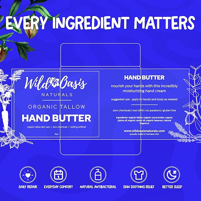Organic Beef Tallow Hand Butter Cream – Hand Cream with Honey & Shea Butter, Moisturizing Cream, Grass Fed Beef Tallow, Natural Hand Moisturizer for Dry Skin, 4oz