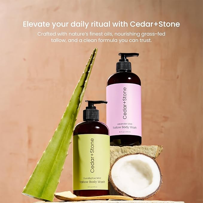 Cedar + Stone Tallow Body Wash – Liquid Tallow Soap & Shower Gel Formulated with USDA Organic Oils – Lavender & Lilac – Sulfate-Free Cleanser for Sensitive Skin – Made in USA, 16oz