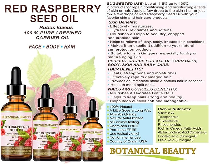 Botanical Beauty Red Raspberry Seed Oil 100% Pure Natural Undiluted Refined Cold Pressed Carrier Oil for Face, Skin, Hair, Lips, Nails. Rich in Vitamin C, Vitamin E (4 Fl Oz)