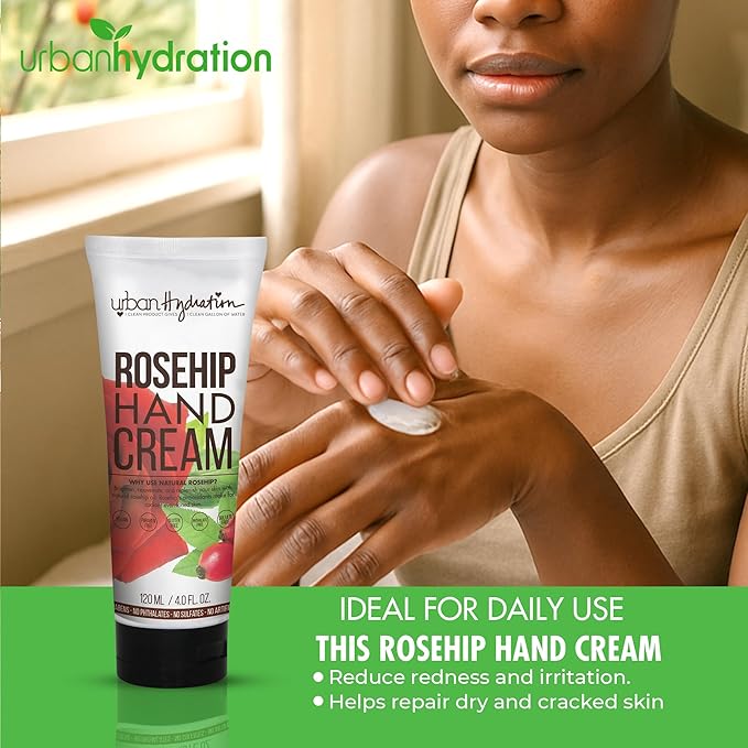 Urban Hydration Rosehip Hand Cream – With Coconut Oil & Vitamin E – Brightens Skin, Deeply Hydrates – Non-Greasy Formula – Ideal for Dry & Sensitive Skin – 4 FL Oz