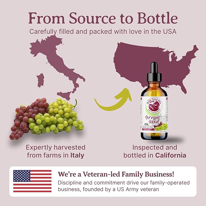 Bella Terra Oils - Organic Grape Seed Oil 4oz - Crafted from Pristine Organic Grapes, Packed with Procyanidins & Vitamin F, Unveiling a Radiant Skin Legacy