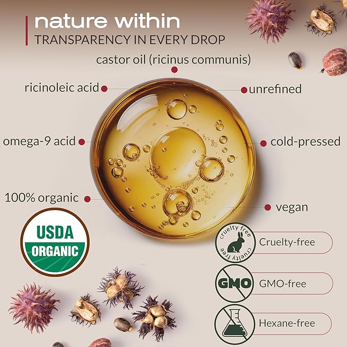 Ella & Eden Castor Oil Organic – Cold Pressed Hexane-Free Unrefined Glass Bottle | For Hair Growth, Face, Skin | USDA Certified 100% Pure – 16 Oz