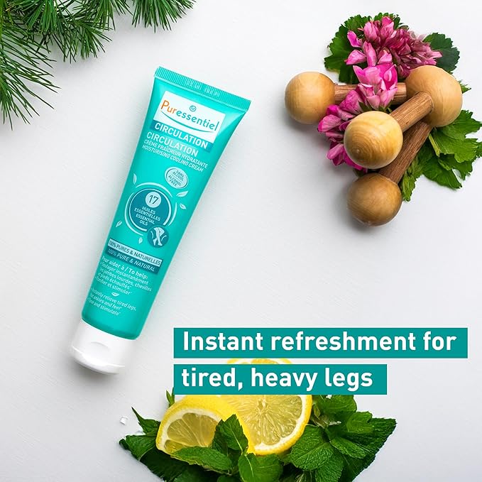Puressentiel Circulation Moisturizing Cooling Cream - 100% Pure And Natural Oils - Alcohol Free - Supports Circulation - Provides Instant, Lasting Relief For Tired Legs, Ankles And Feet - 3.4 oz