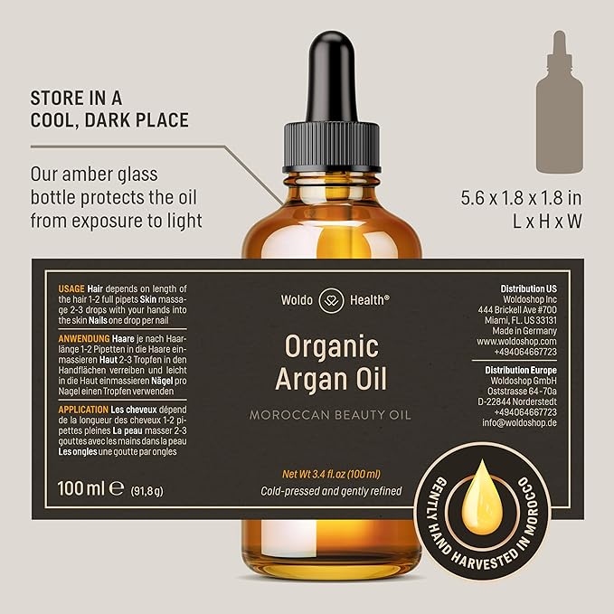 Organic Argan Oil Cold Pressed 3.4 Fl Oz - Moroccan Beauty Oil for Hair, Skin, Nails & Face, Vitamin E Rich, Non-Greasy, Natural Moisturizer