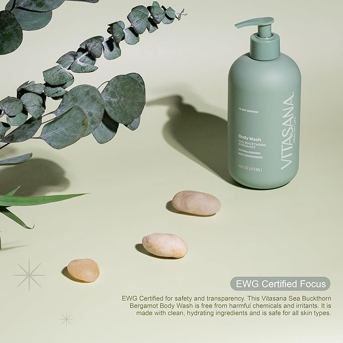 Vitasana Natural Body Wash for Sensitive Skin, 16 oz – Sea Buckthorn & Bergamot Scent, 98.9% Plant‑Derived, EWG Verified, Hypoallergenic, Paraben‑Free, Sulfate‑Free, Cruelty‑Free