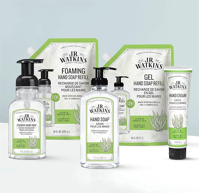 J.R. Watkins Natural Moisturizing Hand Cream, Hydrating Hand Moisturizer with Shea Butter, Cocoa Butter, and Avocado Oil, USA Made and Cruelty Free, 3.3oz, Aloe & Green Tea, Single