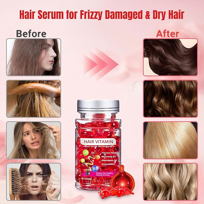 No Rinse Hair Treatment Serum, Hair Vitamin Serum Oil Capsules, Enriched with Vitamin A C E B5, Moroccan Avocado Oil for Hair Repair, Moisturizing, Conditioner for Women & Men