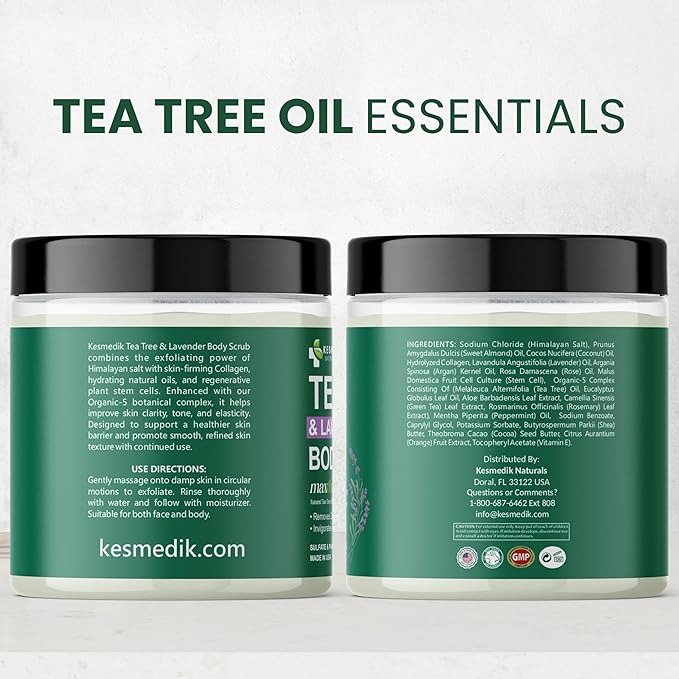 Tea Tree Oil Body & Foot Scrub, Himalayan Salt Exfoliating Scrub, with Stem Cells, Collagen & Shea Butter, Lavender Scent, Moisturizes, Removes Dead Skin, Rough Patches & Impurities.