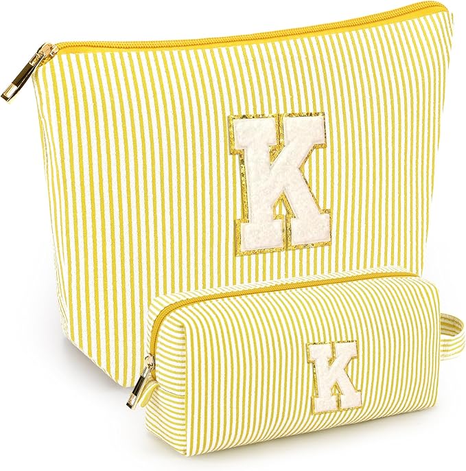 2 PCS Initial Makeup Bags for Women: Cosmetic Bag for Travel Toiletry - Birthday Gifts for 11 12 13 14 15 16 17 18 Years Old Girl Graduation Teacher Gift- Teen Girl Gifts Trendy Stuff - Yellow K