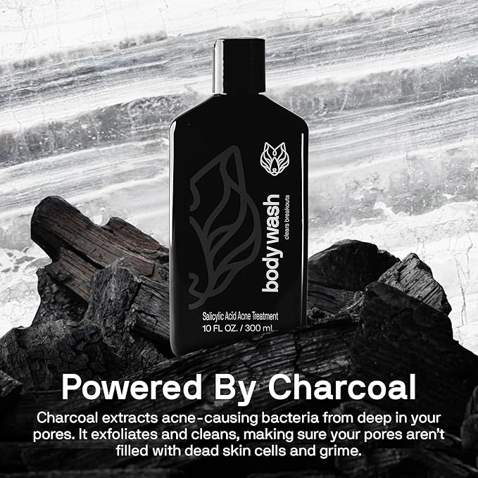 Black Wolf Salicylic Acid Body Wash for Men - 10 Fl Oz Men's Acne Body Wash - Charcoal Helps Reduce Acne Breakouts & Cleanse Your Skin - Full Coverage & Deep Clean Treatment - Men's Bodywash
