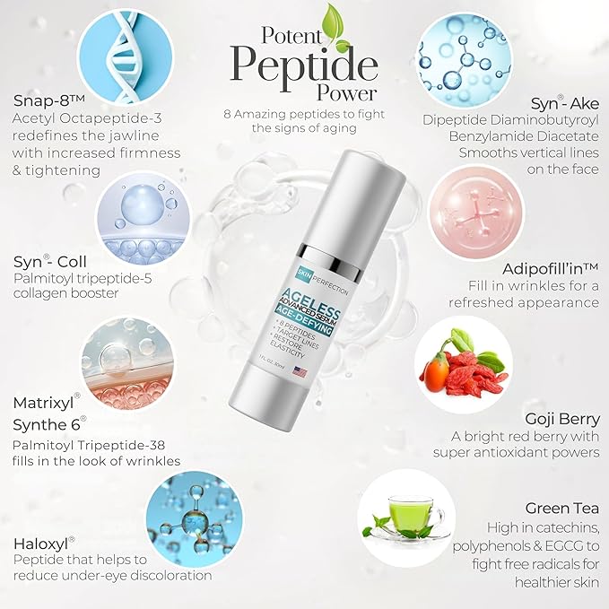 Skin Perfection Ageless Advanced Age-defying Serum Anti-aging Peptides Snap 8 Adipofill Matrixyl Synthe 6 Skin Firm Dipeptide Syn-ake Syn-coll Dmae Haloxyl Hyaluronic Acid