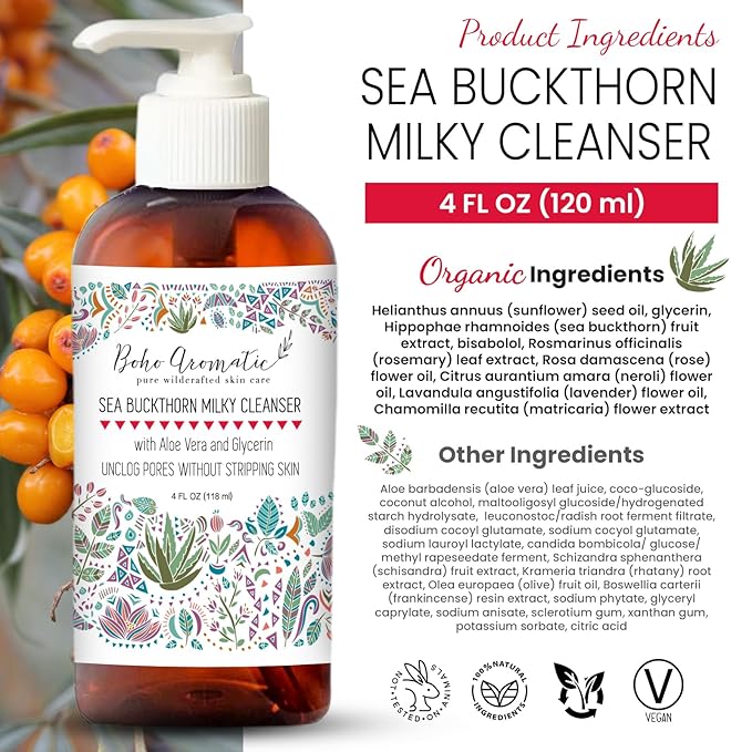 Sea Buckthorn Milky Face Wash – Gentle Daily Facial Cleanser with Aloe Vera – Brightening, Non-Drying, pH-Balanced Formula for Sensitive Skin & Pores – Natural Hydrating Skincare