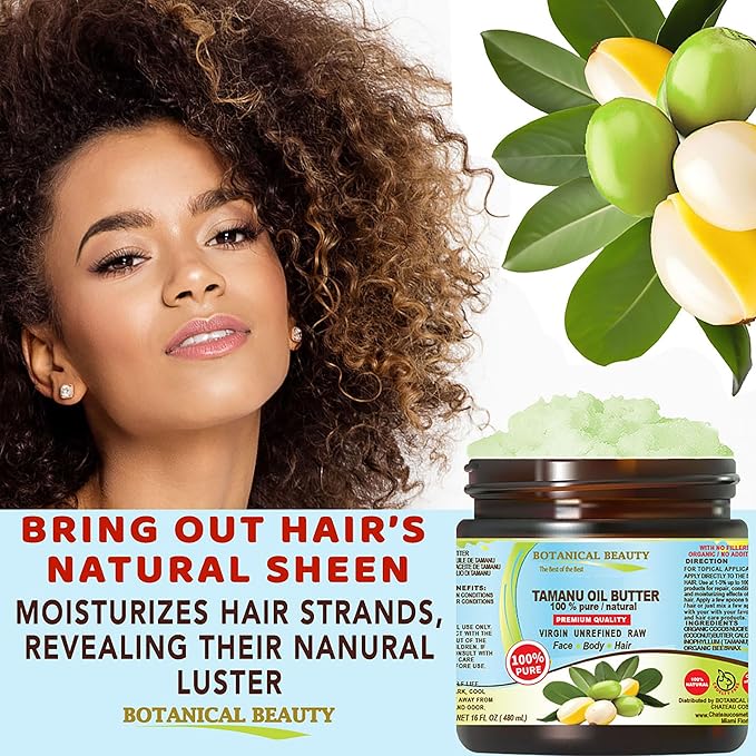 Botanical Beauty TAMANU OIL BUTTER RAW 100% Pure Natural VIRGIN UNREFINED Cold-Pressed Carrier for Face, Skin, Body, Hair, Lip, Nails. Rich in Vitamin E (4 Fl Oz)