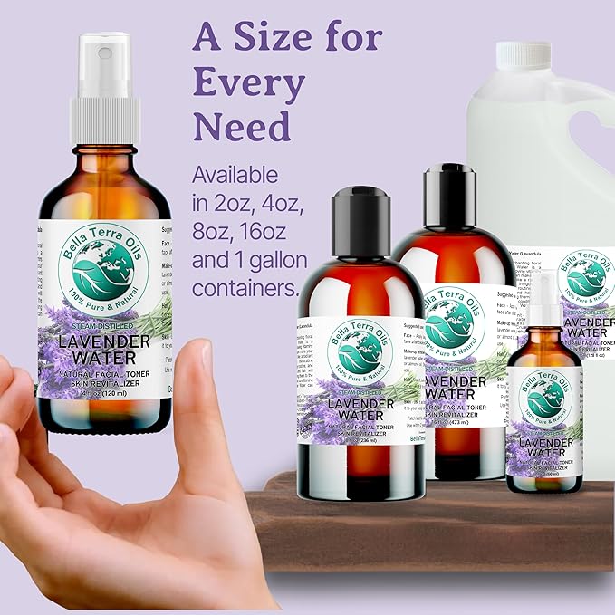 Bella Terra Oils Premium Lavender Water Hydrosol – 1 gallon, Steam Distilled, Refreshing Skin Tonic, Soothing Aroma, Hydrating for Skin