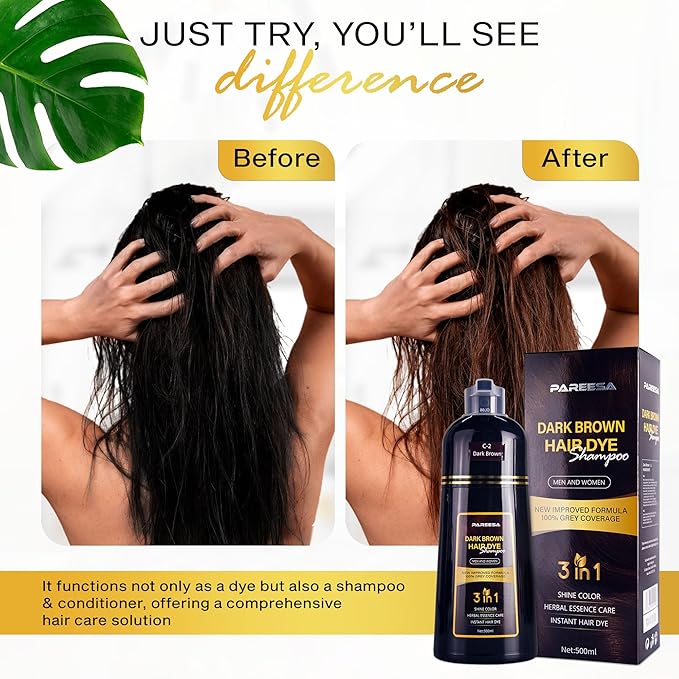 Hair Dye Shampoo 3 in 1 for Gray Hair Shampoo Para Canas Mujer Hair Color Shampoo for Women & Men - Herbal Ingredients Natural Plant Hair Dye 500ML (Dark Brown)