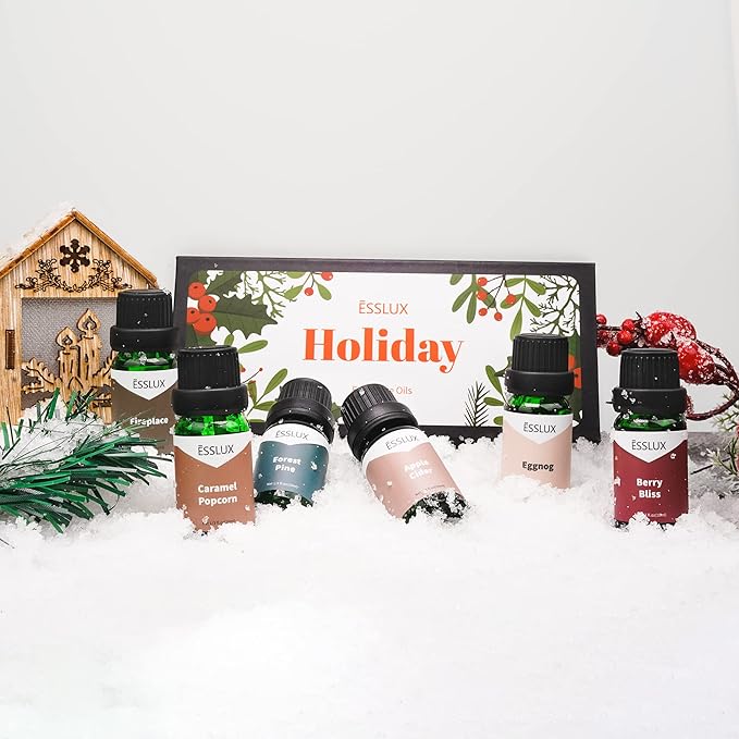 Fragrance Oil, ESSLUX Holiday Set of Scented Oils, Soap & Candle Making Scents, Christmas Essential Oils Gift Set for Home Diffuser, Apple Cider, Forest Pine, Eggnog, Berry Bliss and More