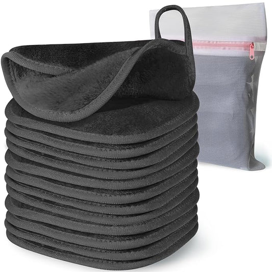 Makeup Remover Cloth, 6" x 6" Makeup Remover Towels Reusable Face Cloth for Washing Face, Makeup Remover Pads Microfiber Face Washcloth with Mesh Bag, 12 Pack, Grey