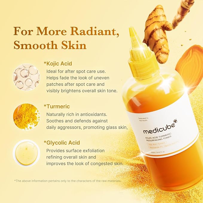 medicube Kojic Acid Turmeric Smoothing Toner for Face & Body | Lightweight Toner for Balancing Uneven Skin Tone & Texture | Niacinamide, Glycolic Acid for Clear Glass Skin | 8.45 fl.oz