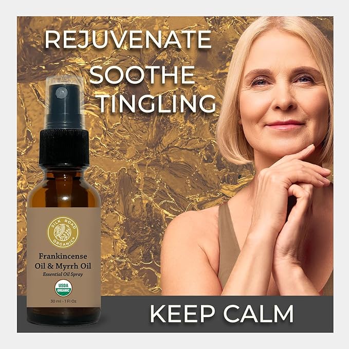 Silk Road Organic Frankincense Oil & Myrrh Essential Oil Spray, 100% Pure USDA Certified Aromatherapy for Body Aches, Stiffness & Tingling, Stress Relief, & Skin - 1 Oz Spray