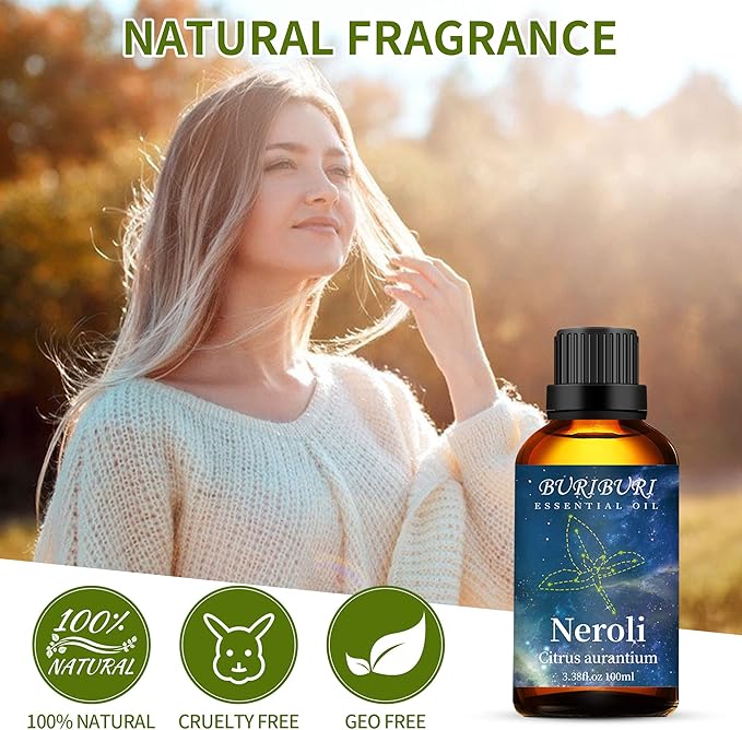 BURIBURI 100ML Neroli Essential Oil Gifts Set, 100% Pure Orange Blossom Oils Undiluted Aromatherapy Neroli Oil 3.38fl.oz for Soap, Candle Making, Massage, Diffuser, Humidifier