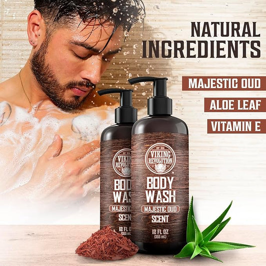 Viking Revolution Men's Body Wash - Majestic Oud Mens Body Wash - Mens Natural Body Wash for Men with Vitamin E and Rosemary Oil - Shower Gel Body Wash Men (12 Fl Oz, Pack of 2)