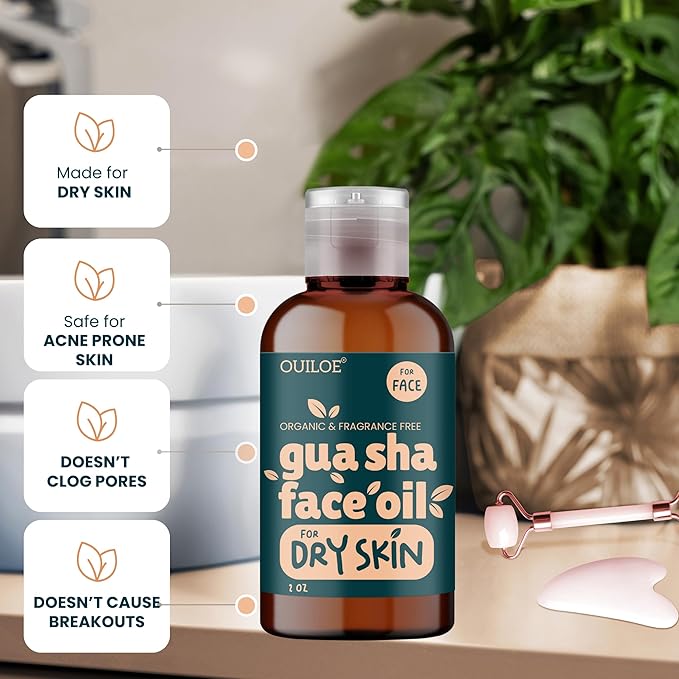 Gua Sha Oil for Dry Skin - Face Oil for Gua Sha Massage - Safe for Acne Prone Skin - Natural, Non Comedogenic, Fragrance Free, Organic, Lightweight & Non Greasy - Use with Gua Sha Facial Tools, 2oz