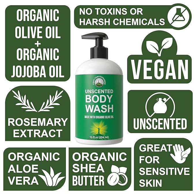 Ultra Pure Unscented Body Wash Made With Organic Ingredients Including Aloe Vera, Olive Oil, Jojoba, Coconut Oil, and Shea Butter. Great For Sensitive Skin. Natural Vegan Body Wash No Toxins