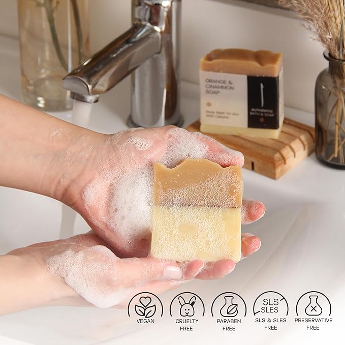 AUTHENTIC BATH & SOAP - Orange Cinnamon Organic Soap Bar (Handmade, Pack of 2) - Natural, Vegan, Organic Essential Oils, Unscented Bar Soap for Oily and Acne-Prone Skin, Cruelty-Free, 4.2 Oz Each