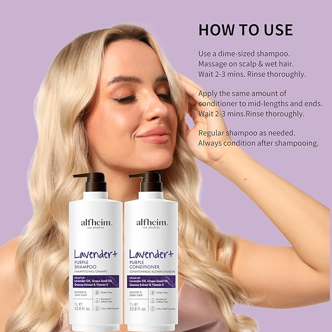 Alfheim Lavender+ Purple Shampoo & Conditioner Set | Neutralize Brassiness & Enhance Cool Tone for Platinum, Silver & Blonde Hair | Anti Brass While Hydrating | Paraben-Free, Color-Safe | 33.8 oz Each