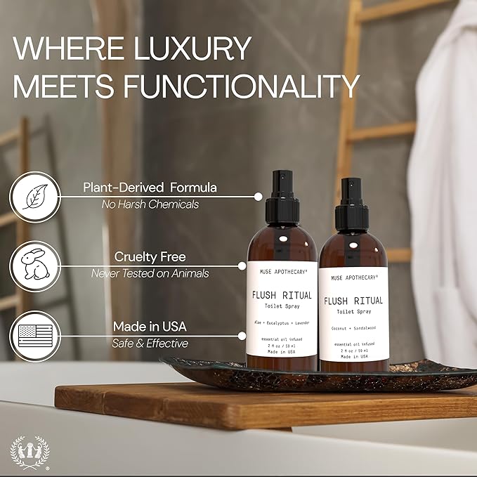 Muse Apothecary Flush Ritual - Aromatic & Refreshing Toilet Spray, Use Before You Go, 2 oz, Infused with Natural Essential Oils - Coconut + Sandalwood, 2 Pack