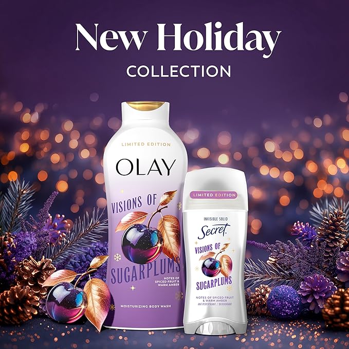 Olay Body Wash for Women, Hydrating & Moisturizing, Holiday Edition, With Plant Based Cleansers, B3 Complex, For All Skin Types, Visions of Sugarplums with Spiced Fruit & Warm Amber Scent, 22 fl oz