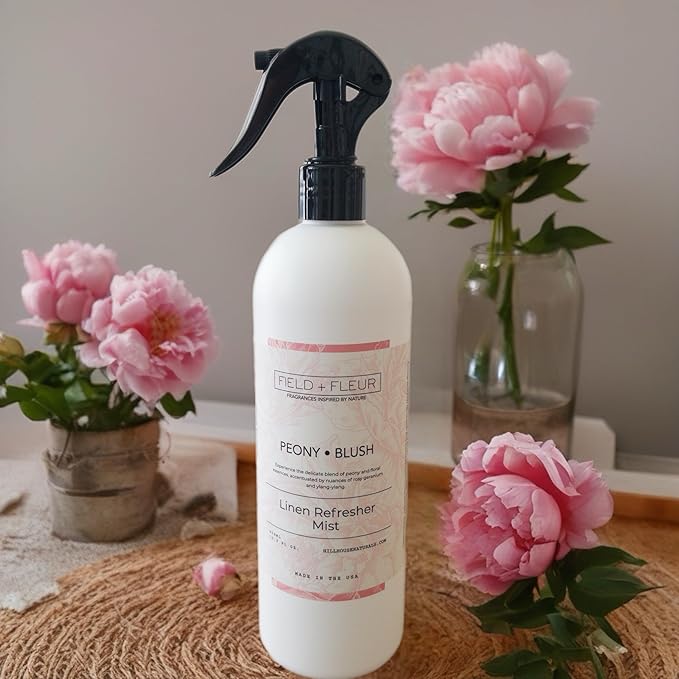 Field + Fleur by Hillhouse Naturals Peony Blush Linen Refresher Mist 15.5oz - Fresh Home Fragrance Spray for Bedding, Sofas & Clothes - Peony, Geranium & Ylang-Ylang - Made in the USA