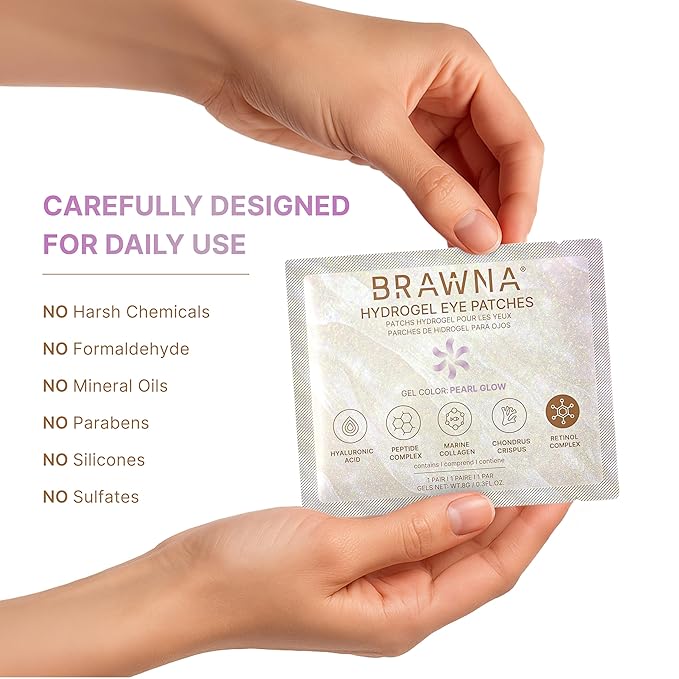 BRAWNA Under Eye Patches – Hydrogel Masks with Retinol, Collagen & Hyaluronic Acid – For Puffy Eyes, Wrinkles, Eye Bags & Dark Circles – Pearl Glow – 24 Pairs