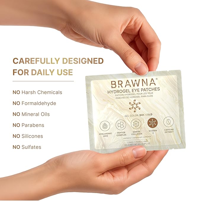 BRAWNA Under Eye Patches โ Hydrogel Masks with Vitamin C, Caffeine & Collagen โ For Dark Circles, Puffy Eyes, Wrinkles & Tired Skin โ 24K Gold Skincare โ 24 Pairs