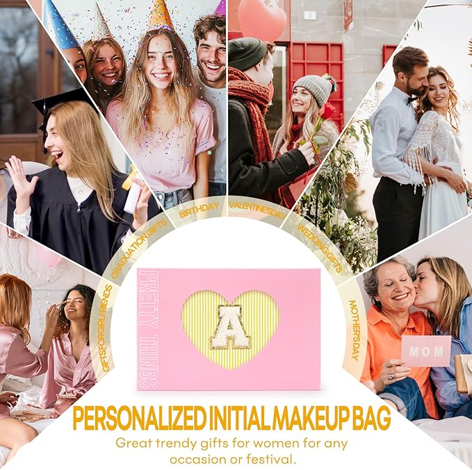 2 PCS Initial Makeup Bags for Women: Cosmetic Bag for Travel Toiletry - Birthday Gifts for 11 12 13 14 15 16 17 18 Years Old Girl Graduation Teacher Gift- Teen Girl Gifts Trendy Stuff - Yellow K