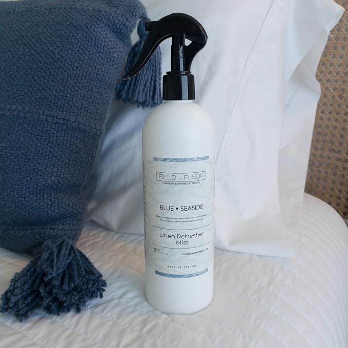 Field + Fleur by Hillhouse Naturals Blue Seaside Linen Refresher Mist 15.5oz - Fresh Home Fragrance Spray for Bedding, Sofas & Clothes - Citrus, Oceanic Notes & Sugary Coconut - Made in the USA