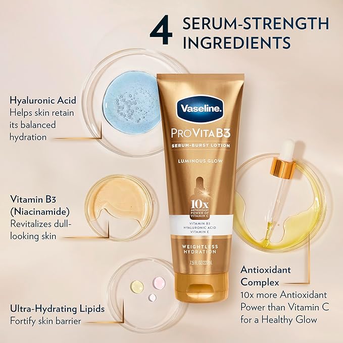 Vaseline Pro VitaB3 Skin Care Serum Burst for Healthy, Glowing Skin Luminous Glow & Supple & Soft 10x Antioxidant Power of Vitamin C with Vitamin B3, Hyaluronic Acid 7.5 fl oz 2Pk