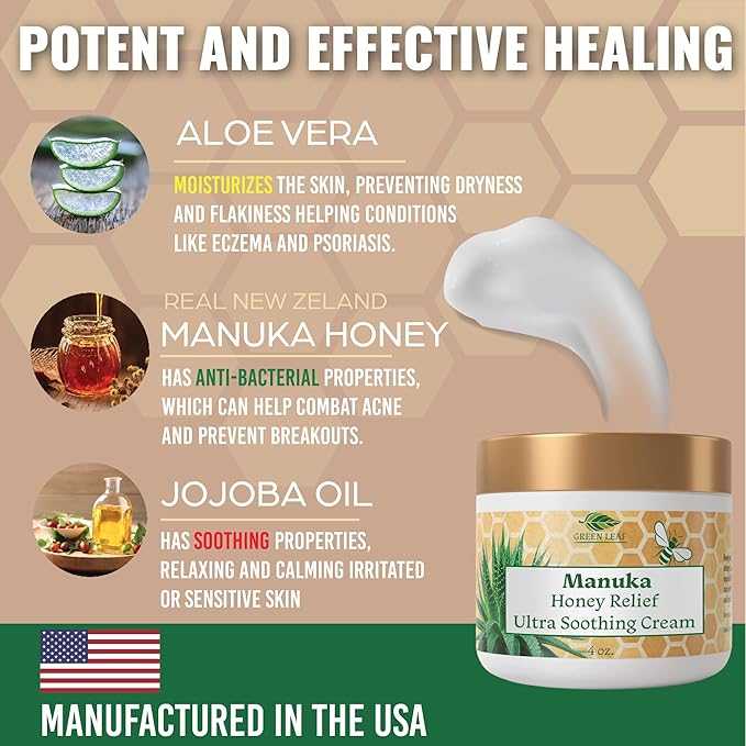 Green Leaf Naturals - Manuka Honey Face Cream - 8oz -Aloe Vera - Jojoba Oil Infused - Body Cream - Gluten Free Moisturizer for Kids & Adults - Nourishing Skin Care