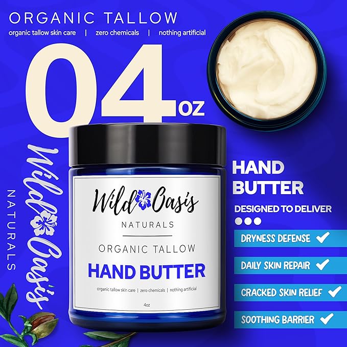 Organic Beef Tallow Hand Butter Cream – Hand Cream with Honey & Shea Butter, Moisturizing Cream, Grass Fed Beef Tallow, Natural Hand Moisturizer for Dry Skin, 4oz
