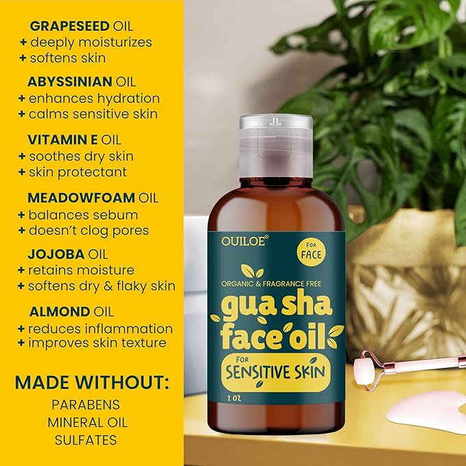 Guasha Oil for Sensitive Skin - Face Oil for Gua Sha Lymphatic Massage - Safe for Acne Prone Skin - Non Comedogenic, Fragrance Free, Organic, Natural & Non Greasy - Use with Gua Sha Facial Tools, 2oz