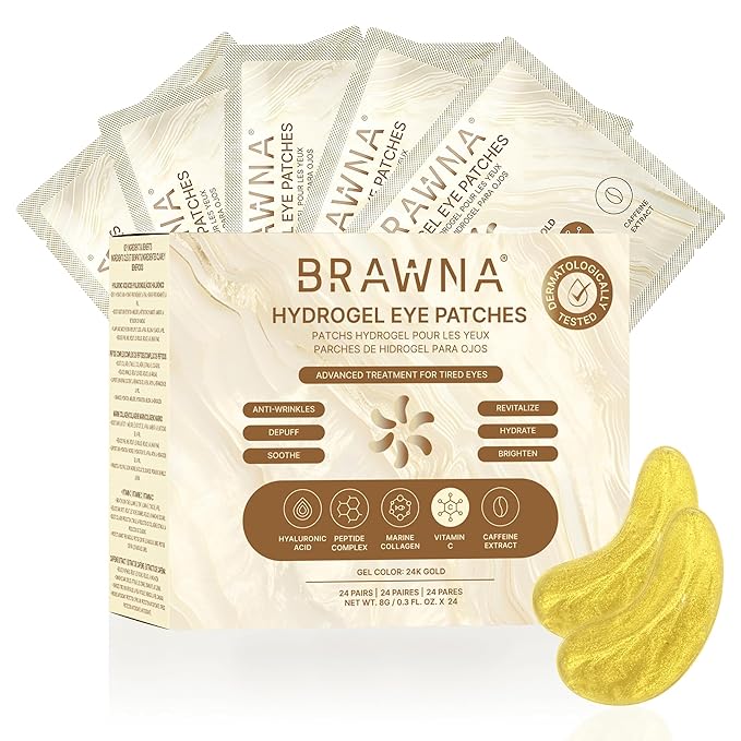 BRAWNA Under Eye Patches โ Hydrogel Masks with Vitamin C, Caffeine & Collagen โ For Dark Circles, Puffy Eyes, Wrinkles & Tired Skin โ 24K Gold Skincare โ 24 Pairs