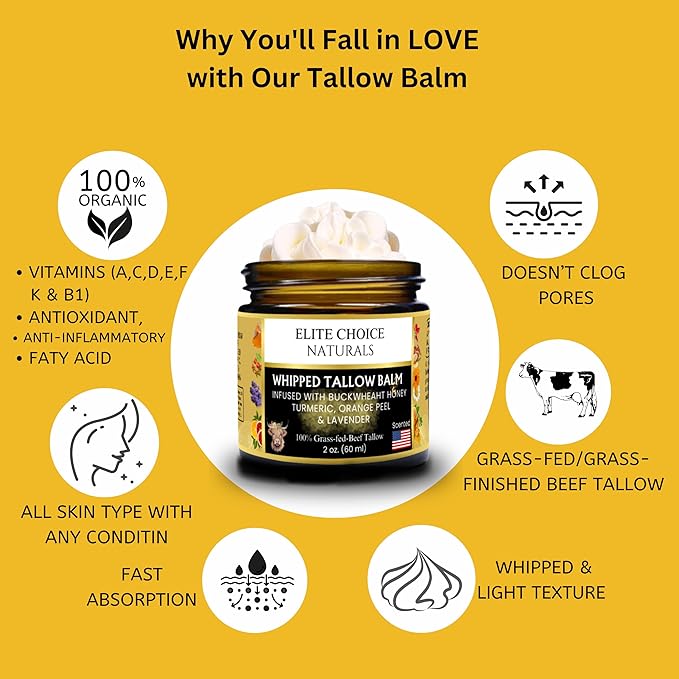 Whipped Tallow Balm Infused with Raw Buckwheat Honey, Lavender & Orange – Organic Anti-Inflammatory Cream for Face, Scalp & Body – Heals Sensitive, Acne-Prone, Eczema, Rosacea & Psoriasis Skin (2 oz)