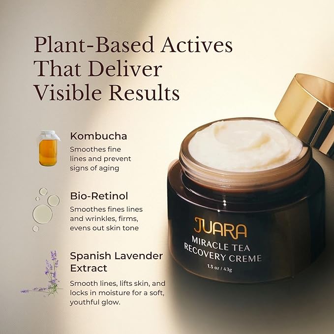 Juara Miracle Tea Recovery Creme - Anti Aging Face Moisturizer with Bio-Retinol - Sensitive Skin Face Cream for Wrinkles & Fine Lines - Firming Day & Night Cream with Fermented Black Tea - 1.5 oz