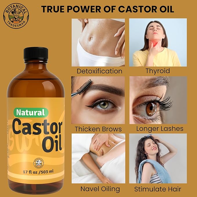 Organic Castor Oil (17 oz) Glass Bottle-100% Pure, Cold-Pressed, Hexane-Free, with 2 Resuable Organic Cotton Flannel Pack Wraps and Mascara Container for Skin, Hair, Eyelash's Eyebrow's & Body