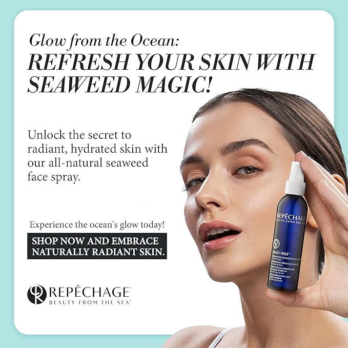 Repechage Algo Mist Hydrating Seaweed Facial Spray for All Skin Types - Hydrating Face Mist Travel Size, Aloe and Vitamin C Infused Keeps Skin Glowing, Hydrated, Refreshed and Nourished, 2 fl oz.