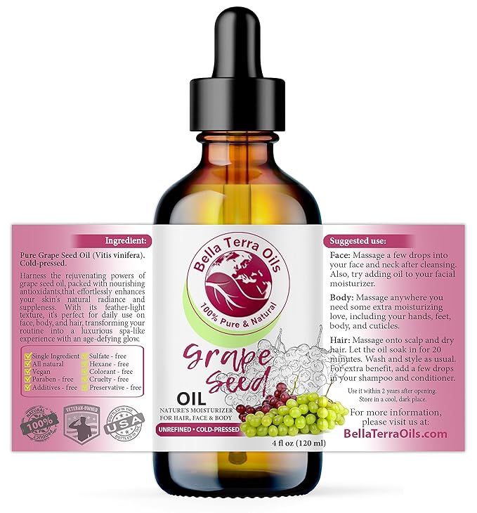 Bella Terra Oils - Organic Grape Seed Oil 4oz - Crafted from Pristine Organic Grapes, Packed with Procyanidins & Vitamin F, Unveiling a Radiant Skin Legacy