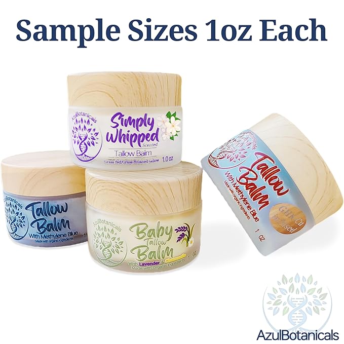 Sample Our Products 1 oz (30g) each sample, Methylene Blue Whipped Tallow, GHK-Cu Copper and Methylene Blue Infused Tallow, Baby Tallow Balm, Simply Whipped Tallow Balm Variety 1 Ounce (Pack of 4)
